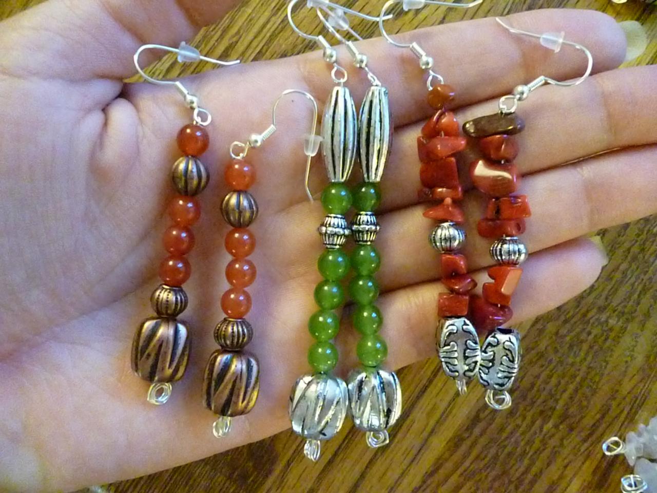 Set Of 3 Pairs Earrings. Carnelian , Red Coral And Green Peridot