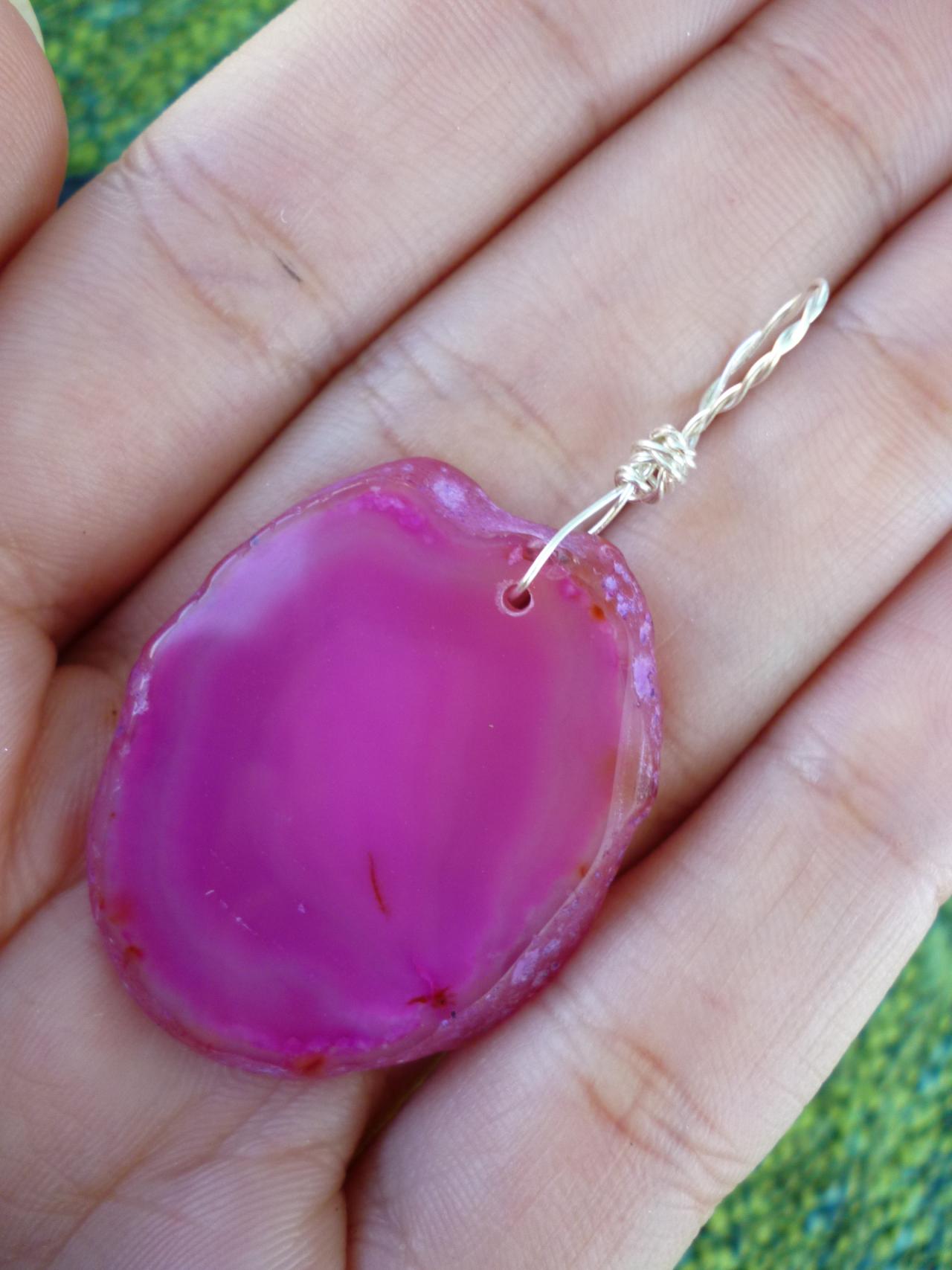 Pink Agate Pendant/ Necklace With Your Choice Of Black Rubber Choker Or Silver Chain.